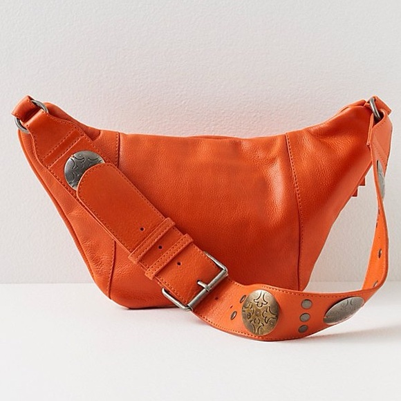 Free People Blazing Orange Wilder Embellished Sling Bag Leather NWT - Picture 3 of 10